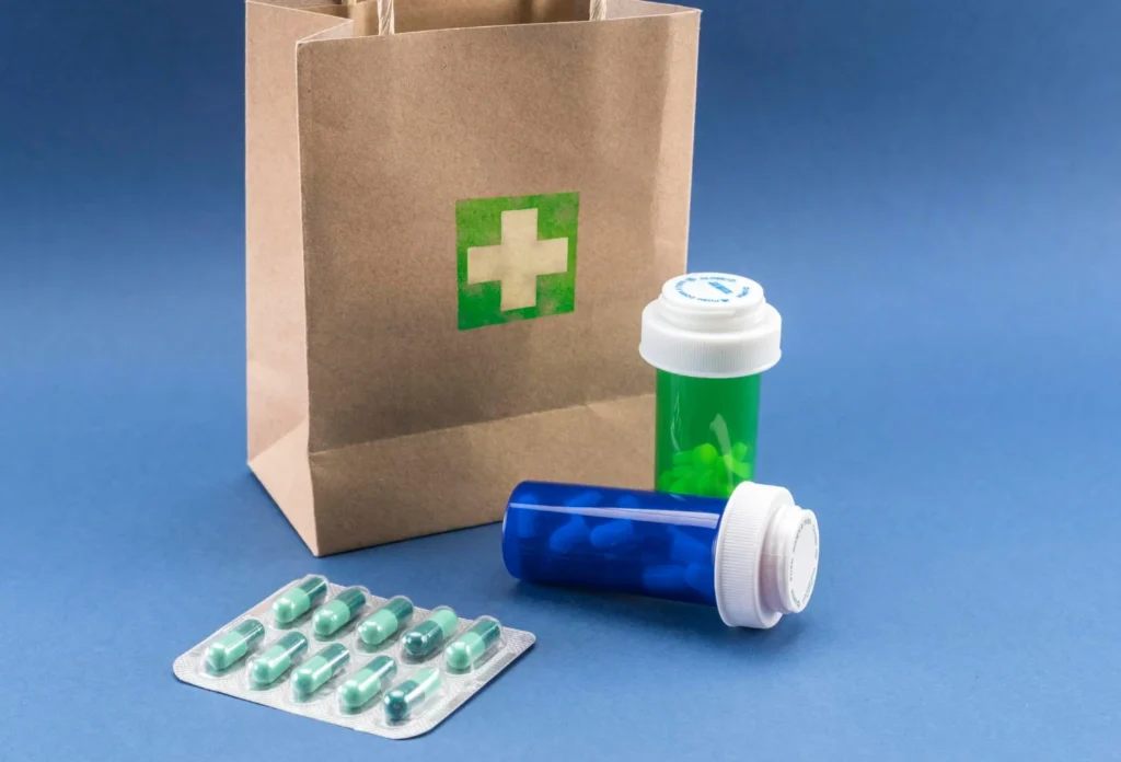 a brown bag with pills and a bottle of medicine / Understanding Brown Bagging in Pharmacy: What You Need to Know / What Is Brown Bagging in Healthcare? / When and Where Is Brown Bagging Used? / How the Brown Bagging Process Works / Why Healthcare Systems Use Brown Bagging / Risks and Concerns of Brown Bagging / Brown Bagging vs. White Bagging: What’s the Difference? / What Is Clear Bagging and How Is It Different? /Safety Guidelines for Brown Bagging / Perspectives from Payers and Providers / Pros and Cons of Brown Bagging / Benefits of Brown Bagging /Conclusion: Is Brown Bagging the Right Choice? / Pharmacy Care Rx