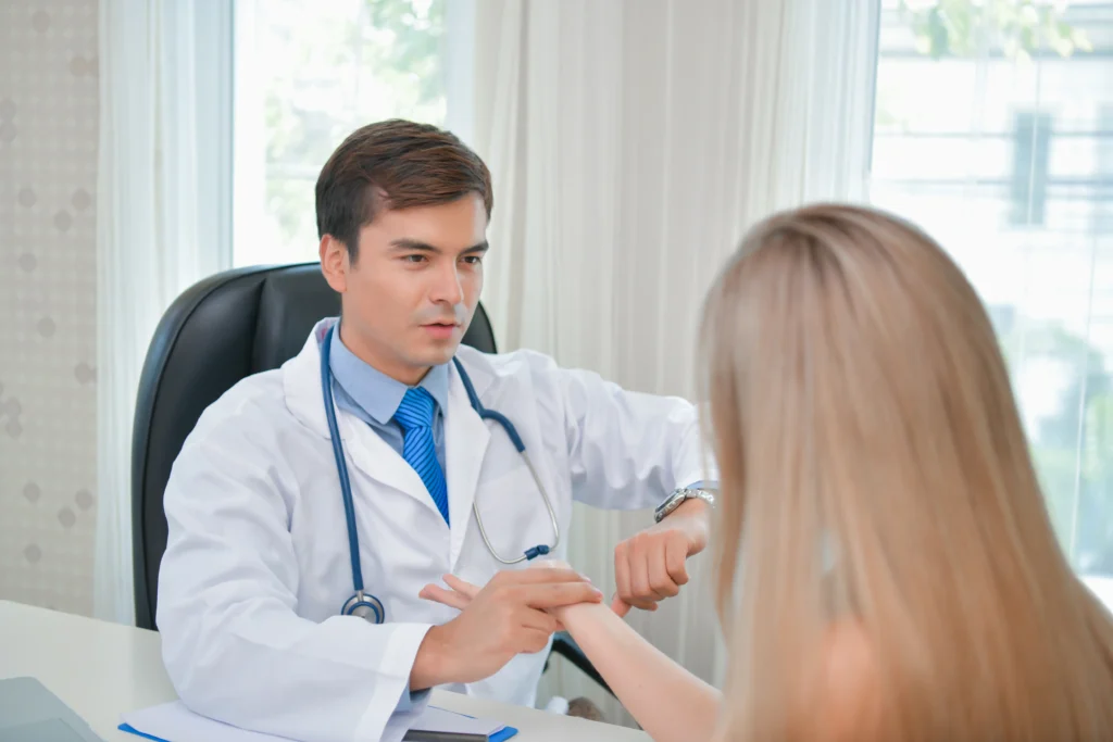 a woman consulting a doctor for her missed dose of antibiotic