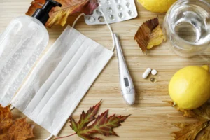 a table having flu protection thinks on top