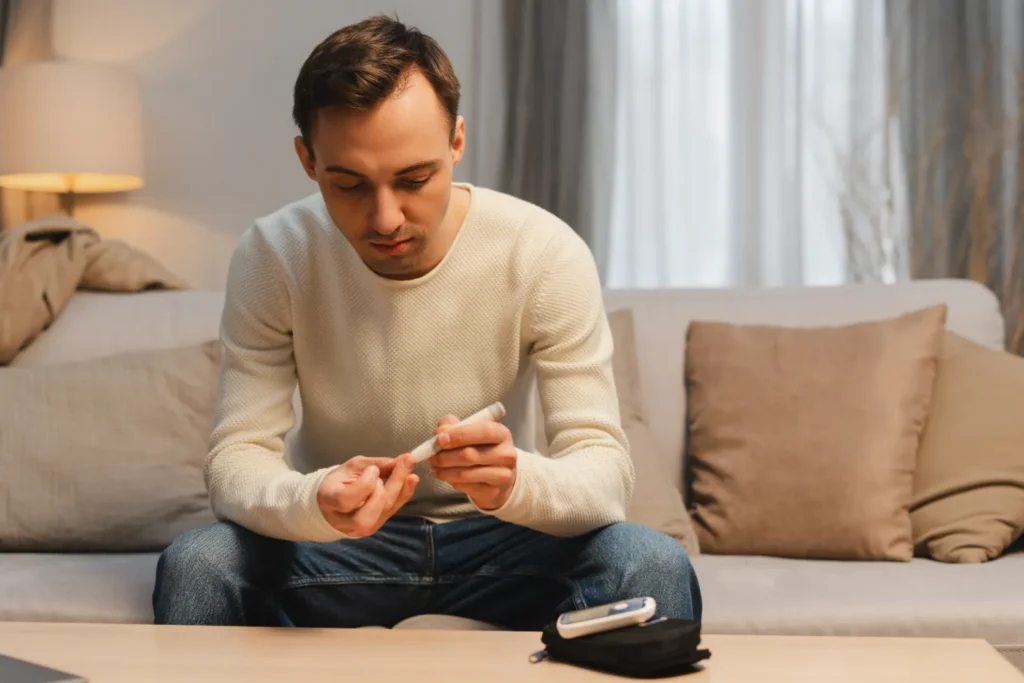 A man measuring blood sugar in order to know if Missing Insulin Cause Low Blood Sugar