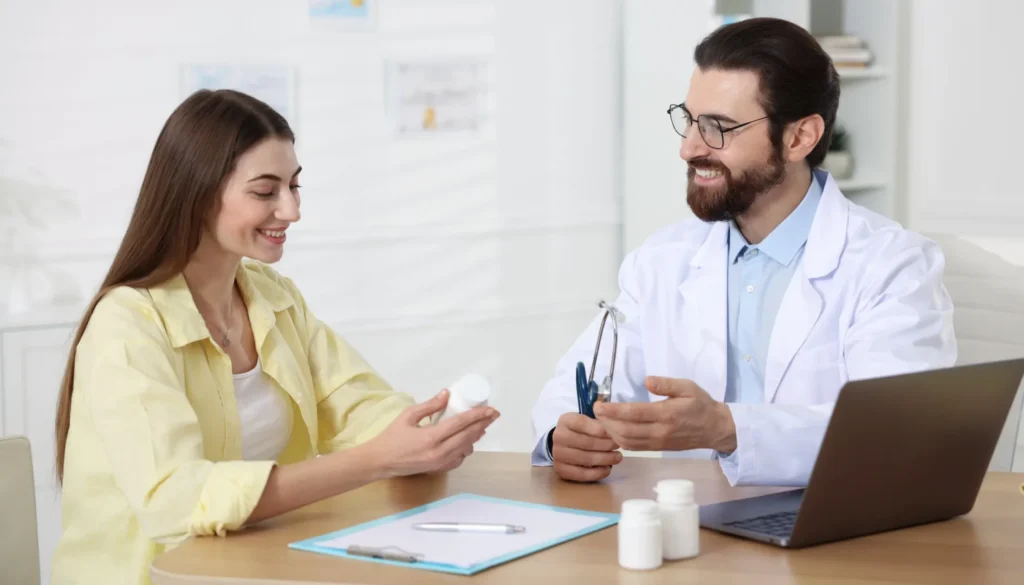 A woman Consulting about weight gain caused by Mirtazapine with her healthcare provider.