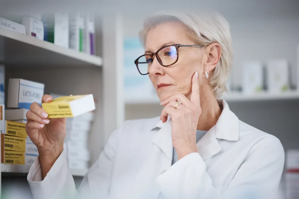 A doctor examining ibuprofen medication to compare it with aspirin.